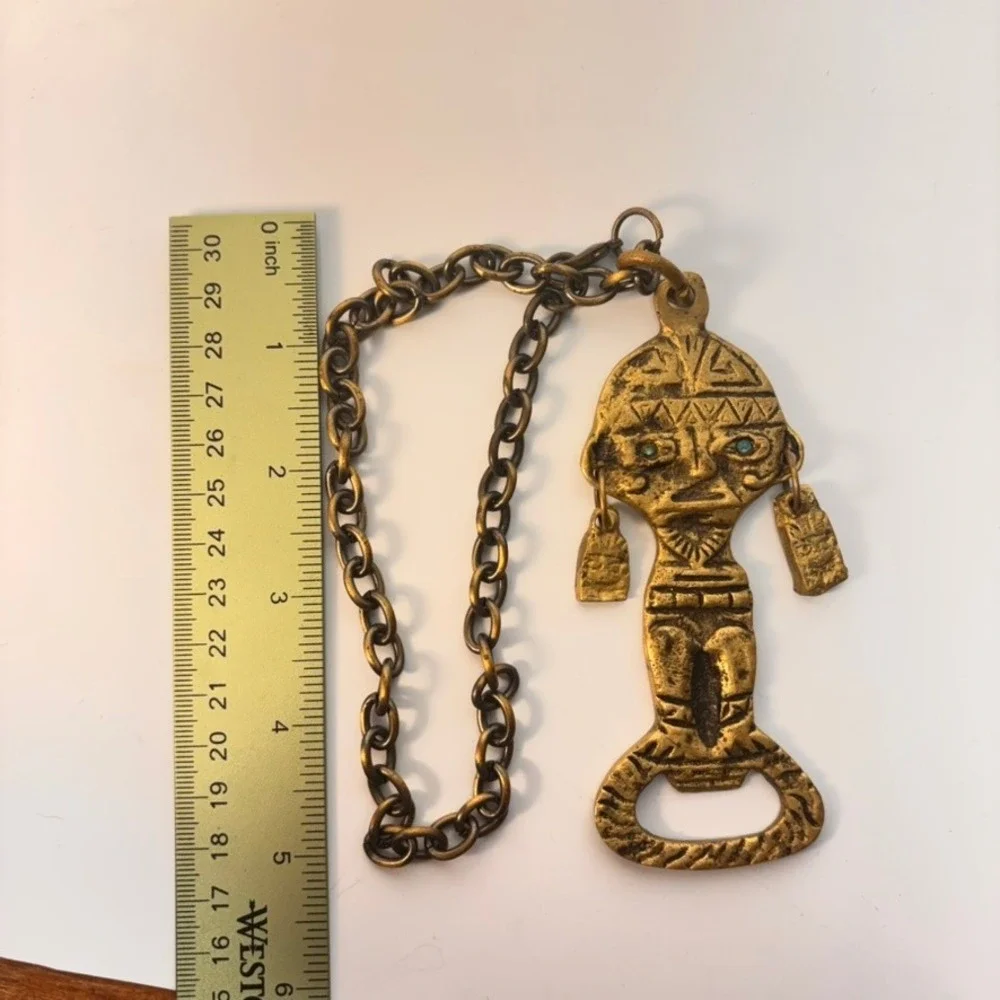 Vintage Brass Aztec Mayan Bottle Opener Gold Figural Tiki Barware Boho Statement